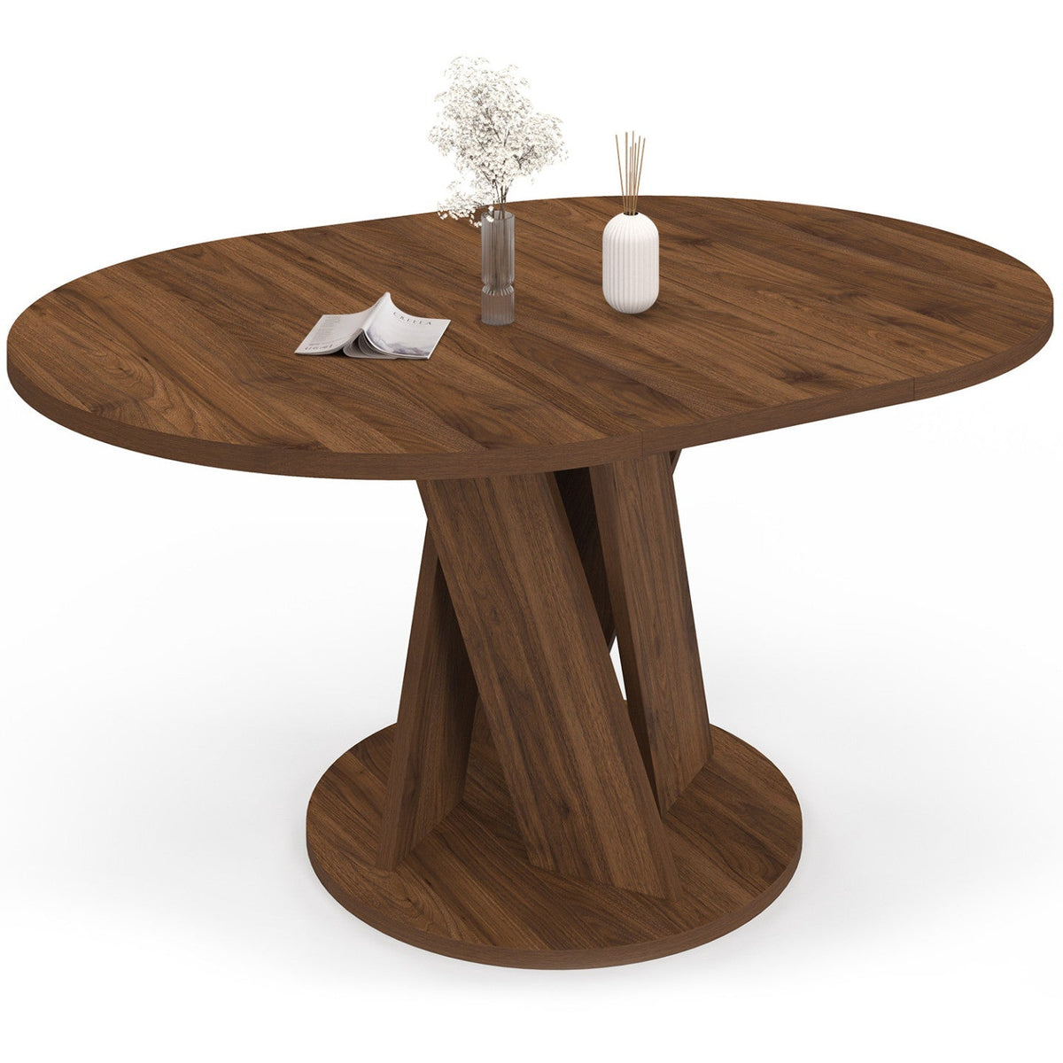 Table à manger ronde extensible JASMINE 4-8 personnes, pied central, noyer, 110-150 cm