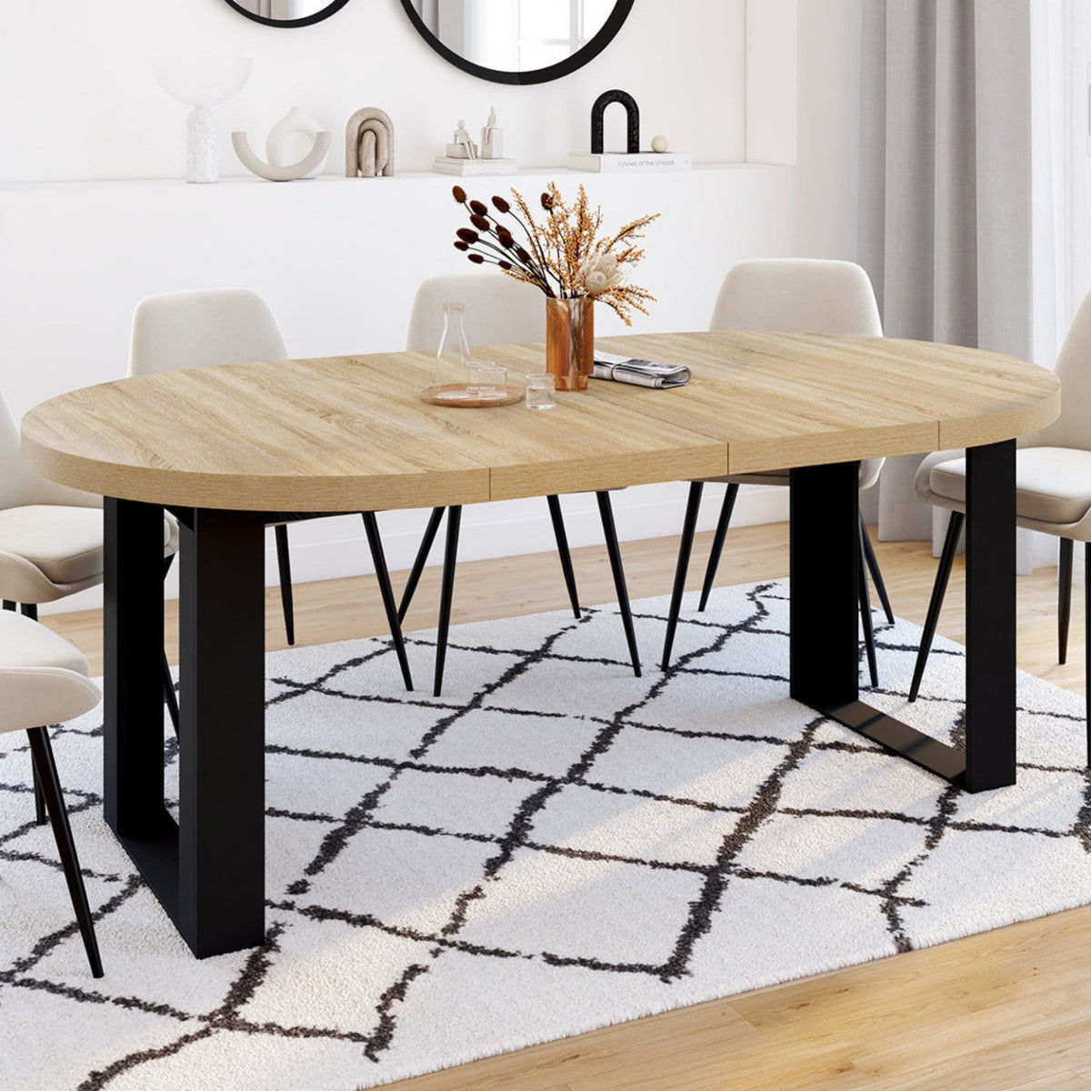 Table à manger ronde extensible PHOENIX 4-10 personnes bois et noir 110-200 cm