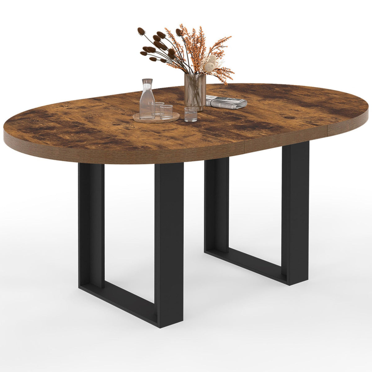 Table à manger ronde extensible PHOENIX 4-6 personnes, bois foncé effet vieilli et noir, 110-150 cm