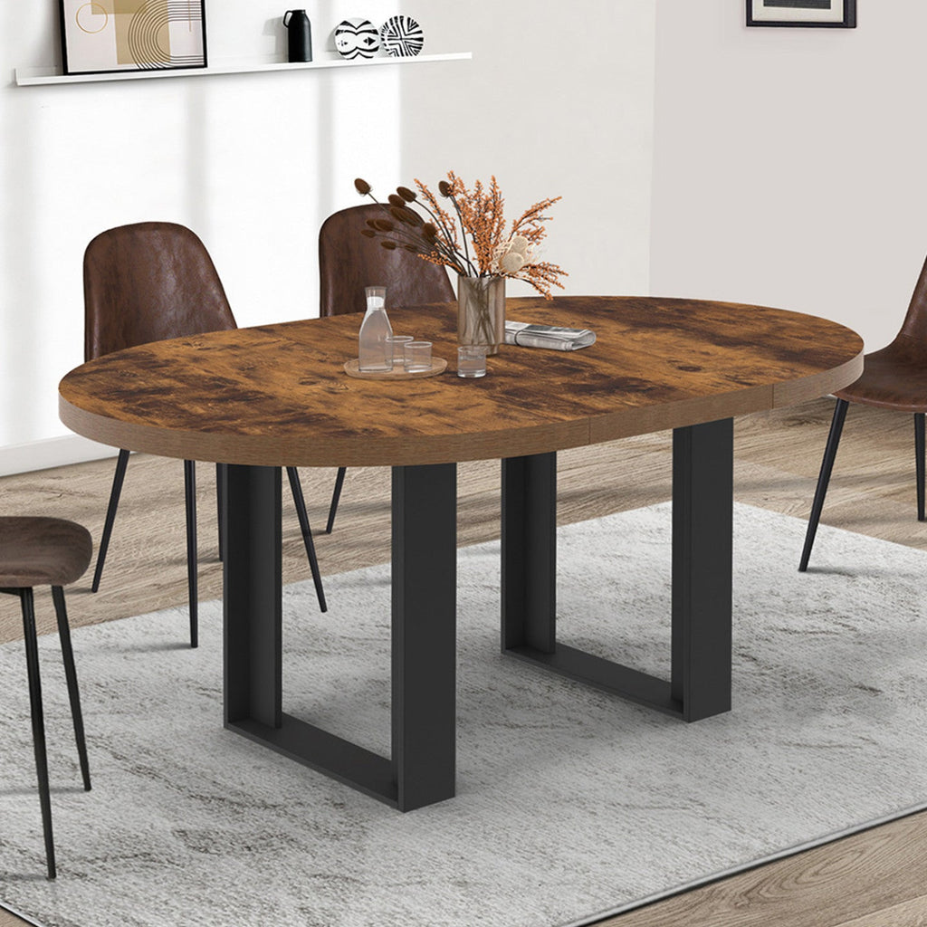 Table à manger ronde extensible PHOENIX 4-6 personnes, bois foncé effet vieilli et noir, 110-150 cm