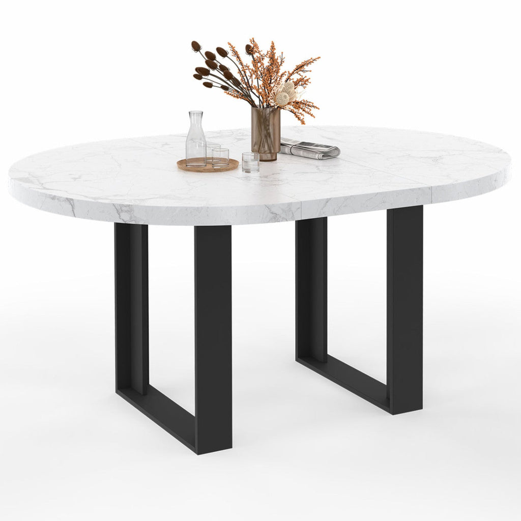 Table à manger extensible ronde PHOENIX 4-6 personnes, plateau effet marbre blanc ALASKA, 110-150 cm