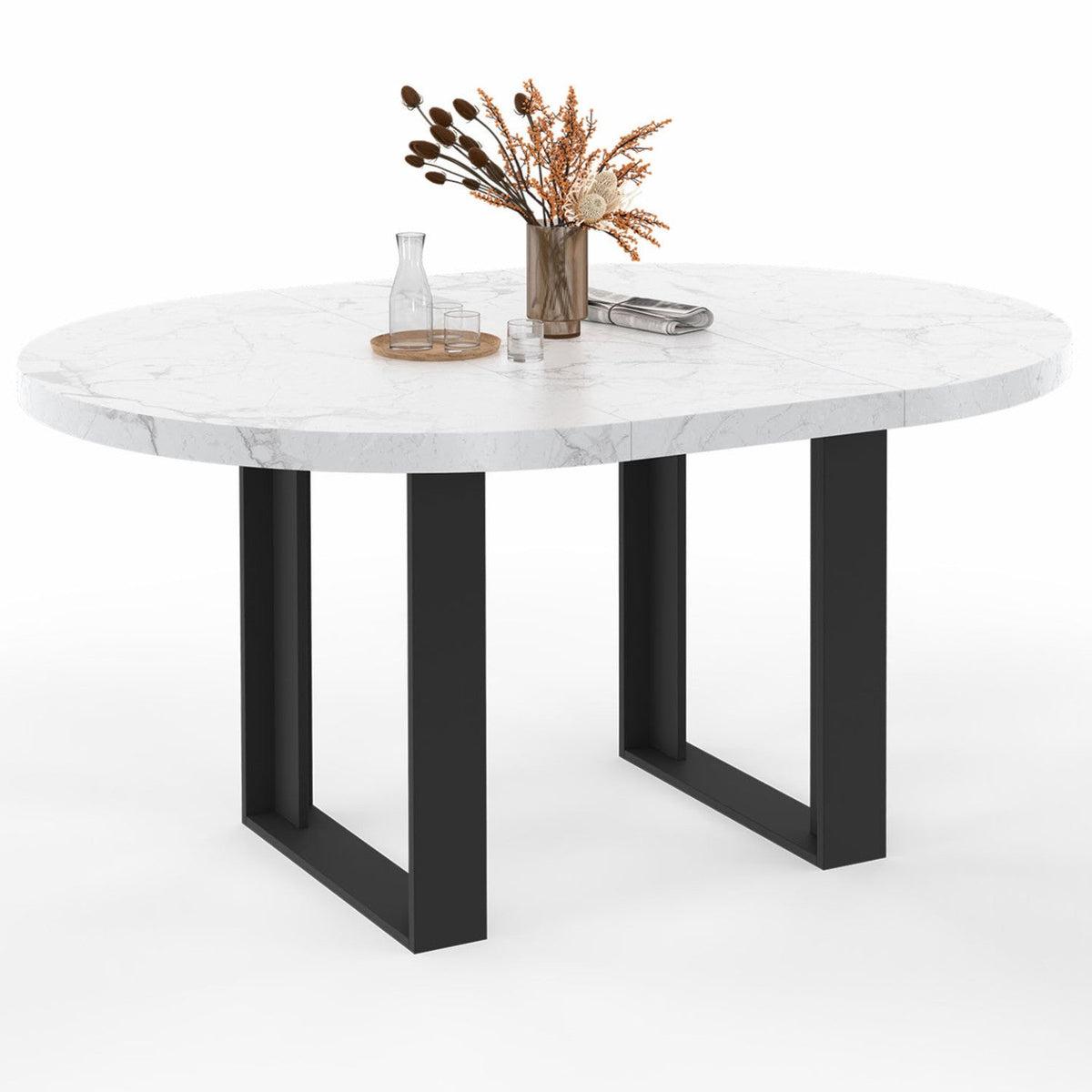 Table à manger extensible ronde PHOENIX 4-6 personnes, plateau effet marbre blanc ALASKA, 110-150 cm