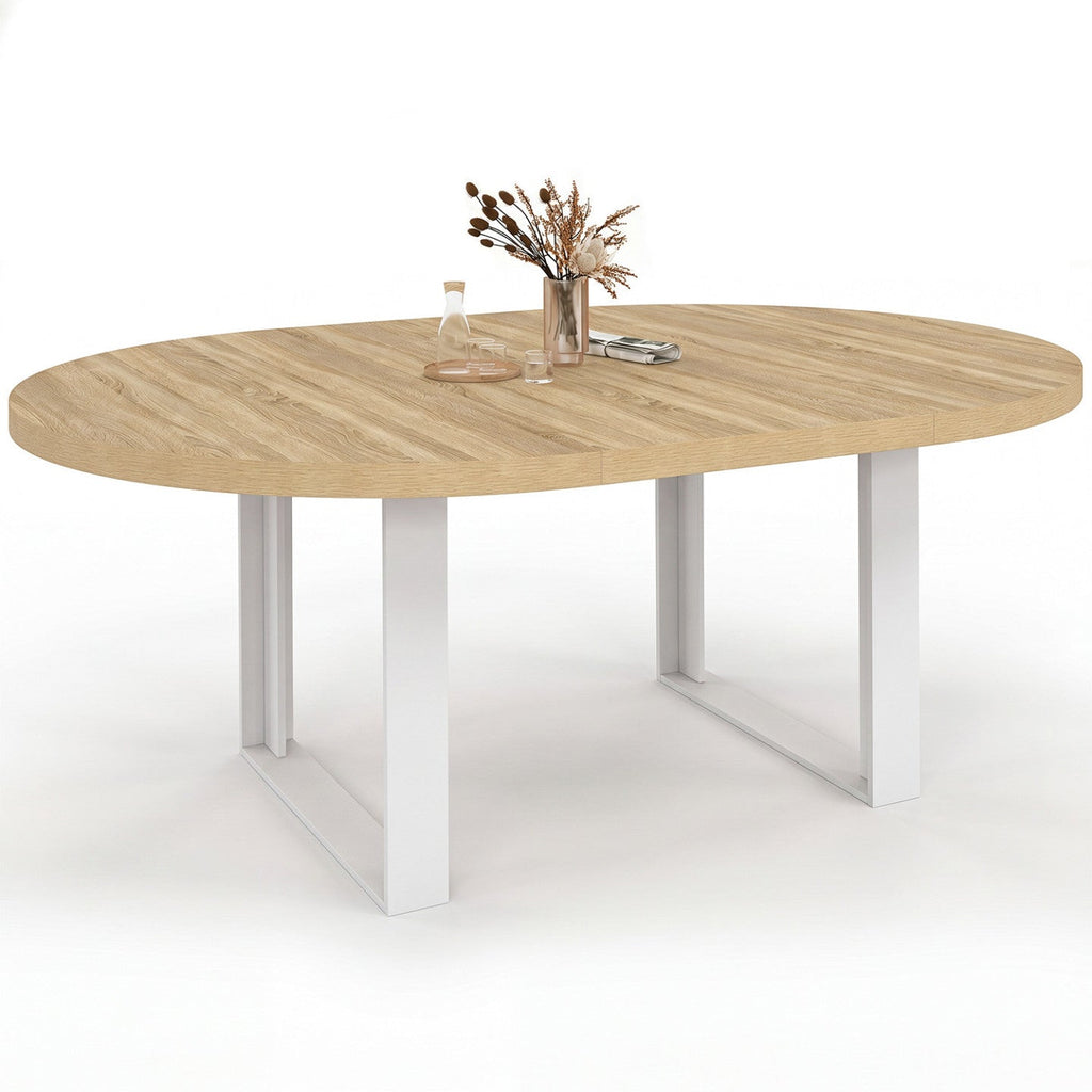 Table de salle à manger ronde extensible PHOENIX 6-10 personnes bois et blanc 140-200 cm