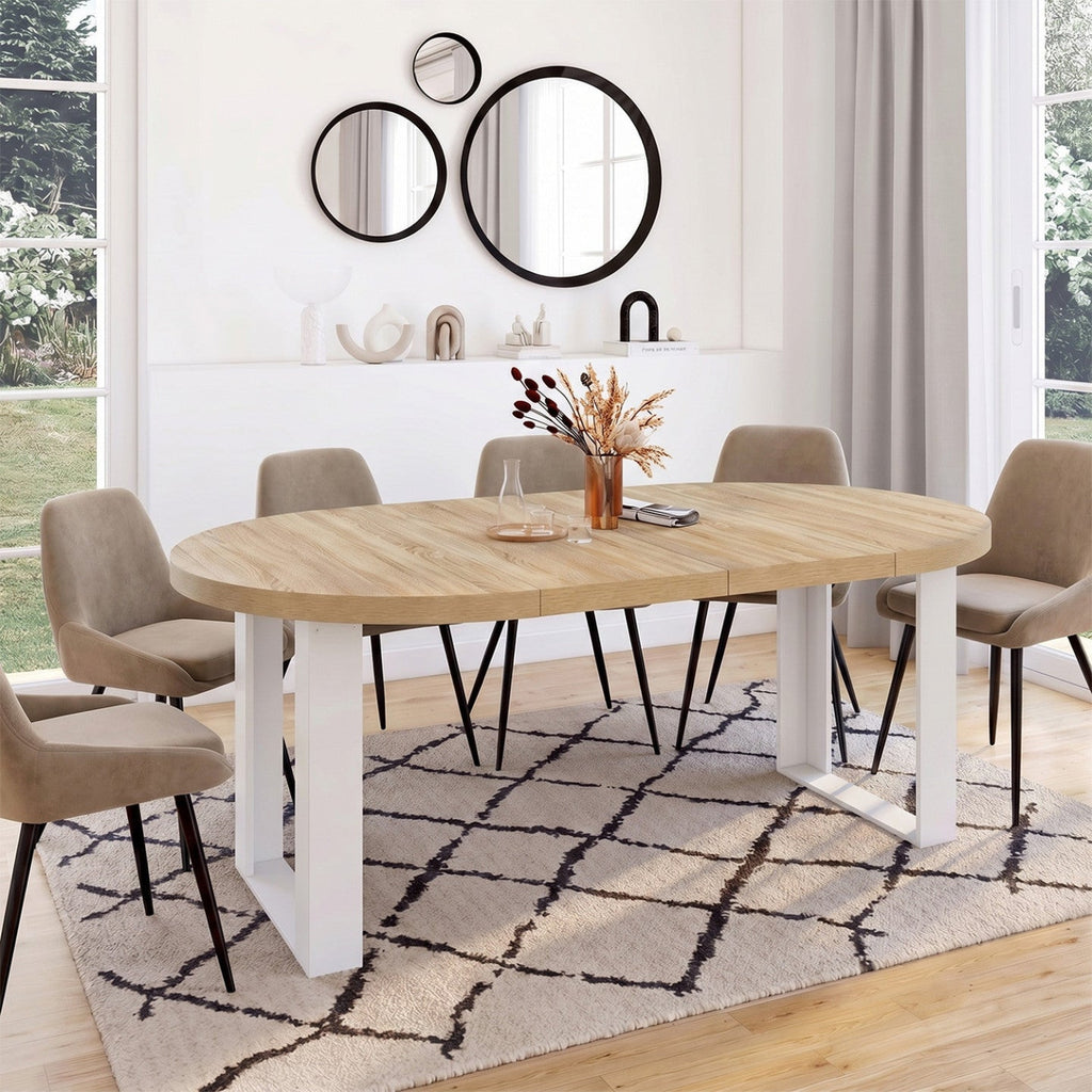 Table de salle à manger ronde extensible PHOENIX 6-10 personnes bois et blanc 140-200 cm