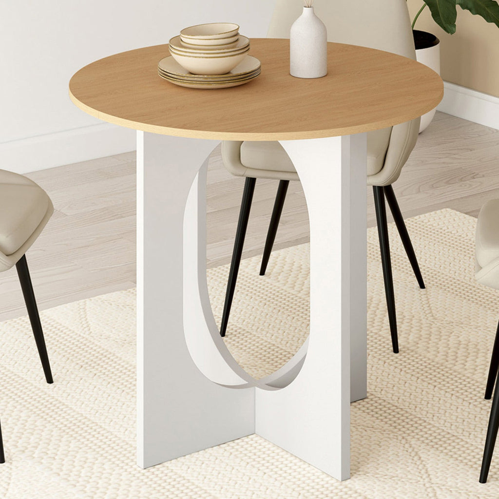 Table à manger fixe ronde ALOISE 4 personnes, pied arche blanc et bois, 80 cm
