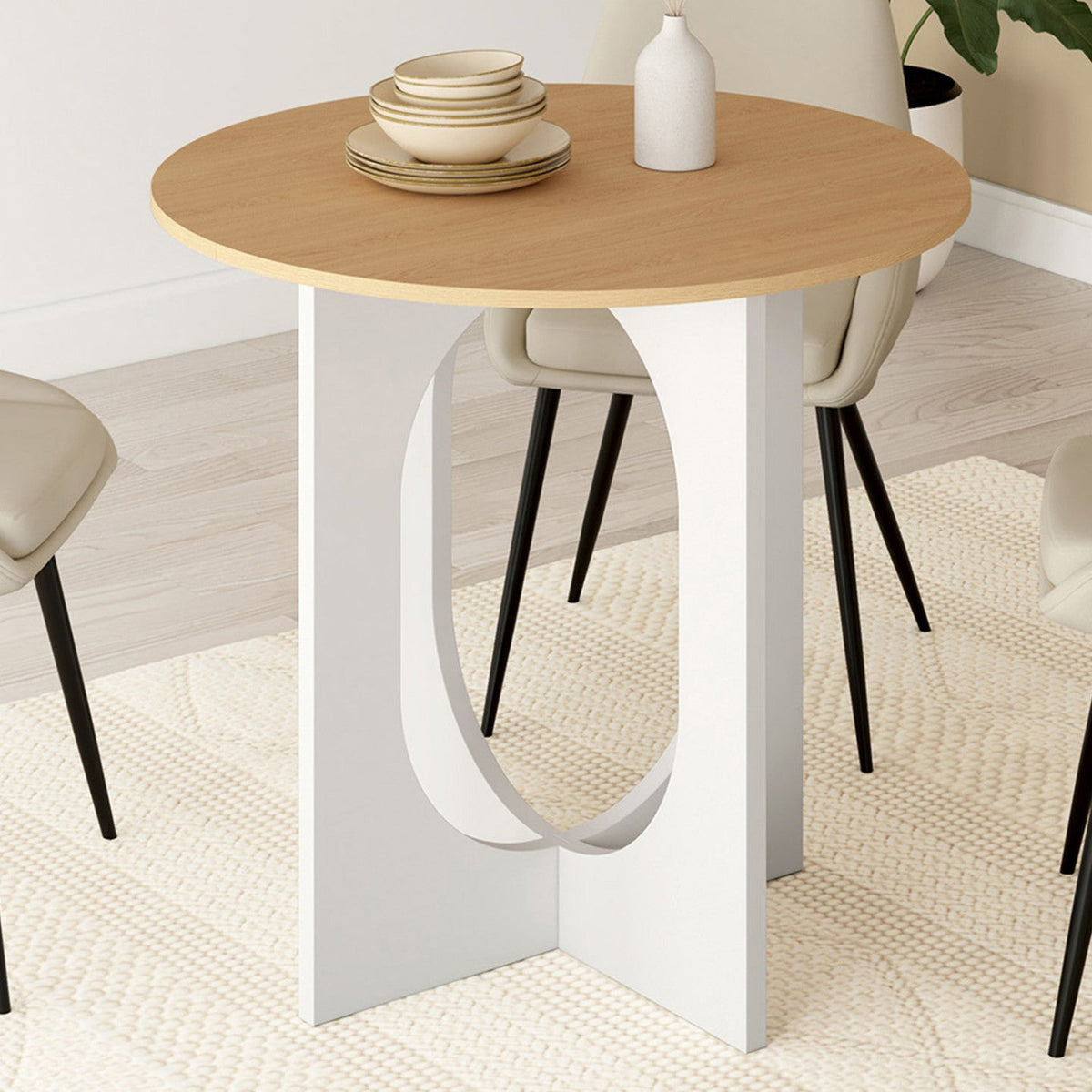 Table à manger fixe ronde ALOISE 4 personnes, pied arche blanc et bois, 80 cm