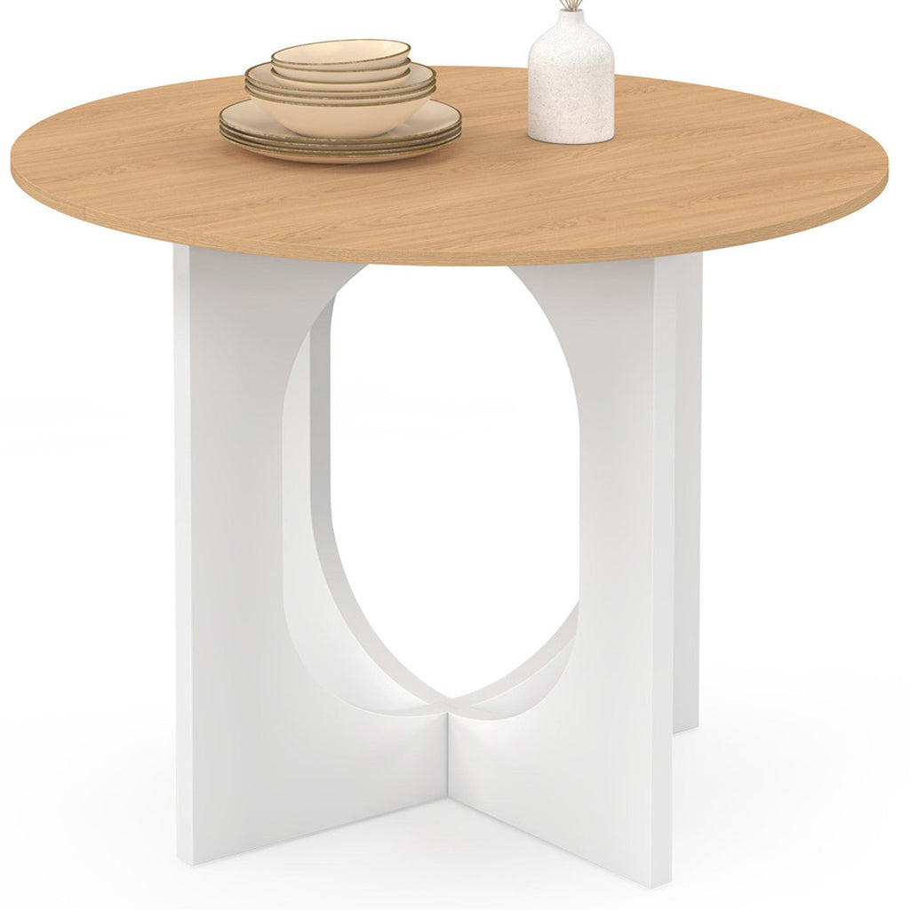 Table à manger fixe ronde ALOISE 4 personnes, pied arche blanc et bois, 80 cm