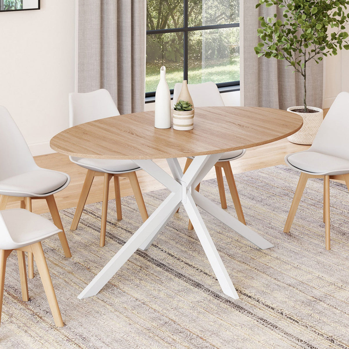 Table de salle à manger ovale ALIX 8 personnes, pied araignée, bois et blanc, 150 cm