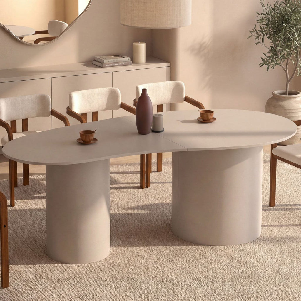Table de salle à manger ovale organique ORPHEA 8 personnes 2 pieds cylindriques beige 200 cm