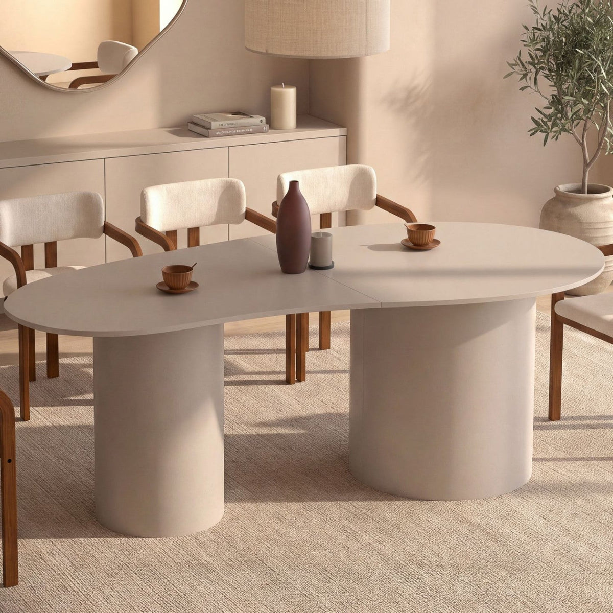 Table de salle à manger ovale organique ORPHEA 8 personnes 2 pieds cylindriques beige 200 cm
