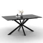 Table à manger rectangulaire ALIX 8 personnes, pied araignée noir et plateau effet marbre noir ALASKA 160 cm