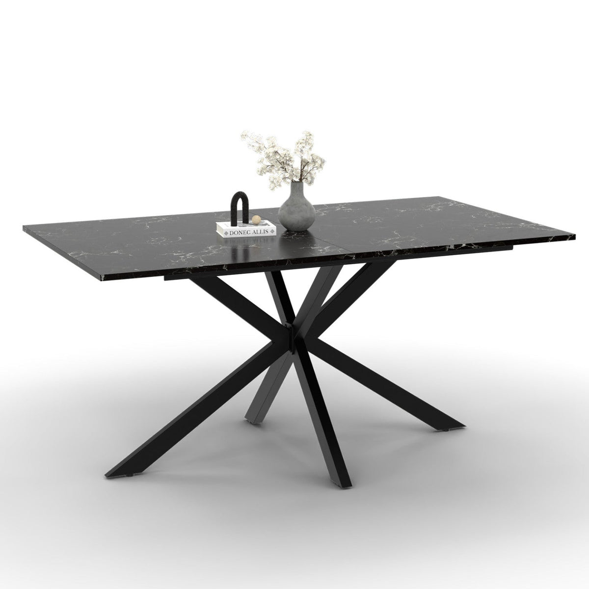 Table à manger rectangulaire ALIX 8 personnes, pied araignée noir et plateau effet marbre noir ALASKA 160 cm