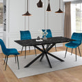 Table à manger rectangulaire ALIX 8 personnes, pied araignée noir et plateau effet marbre noir ALASKA 160 cm