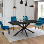 Table à manger rectangulaire ALIX 8 personnes, pied araignée noir et plateau effet marbre noir ALASKA 160 cm