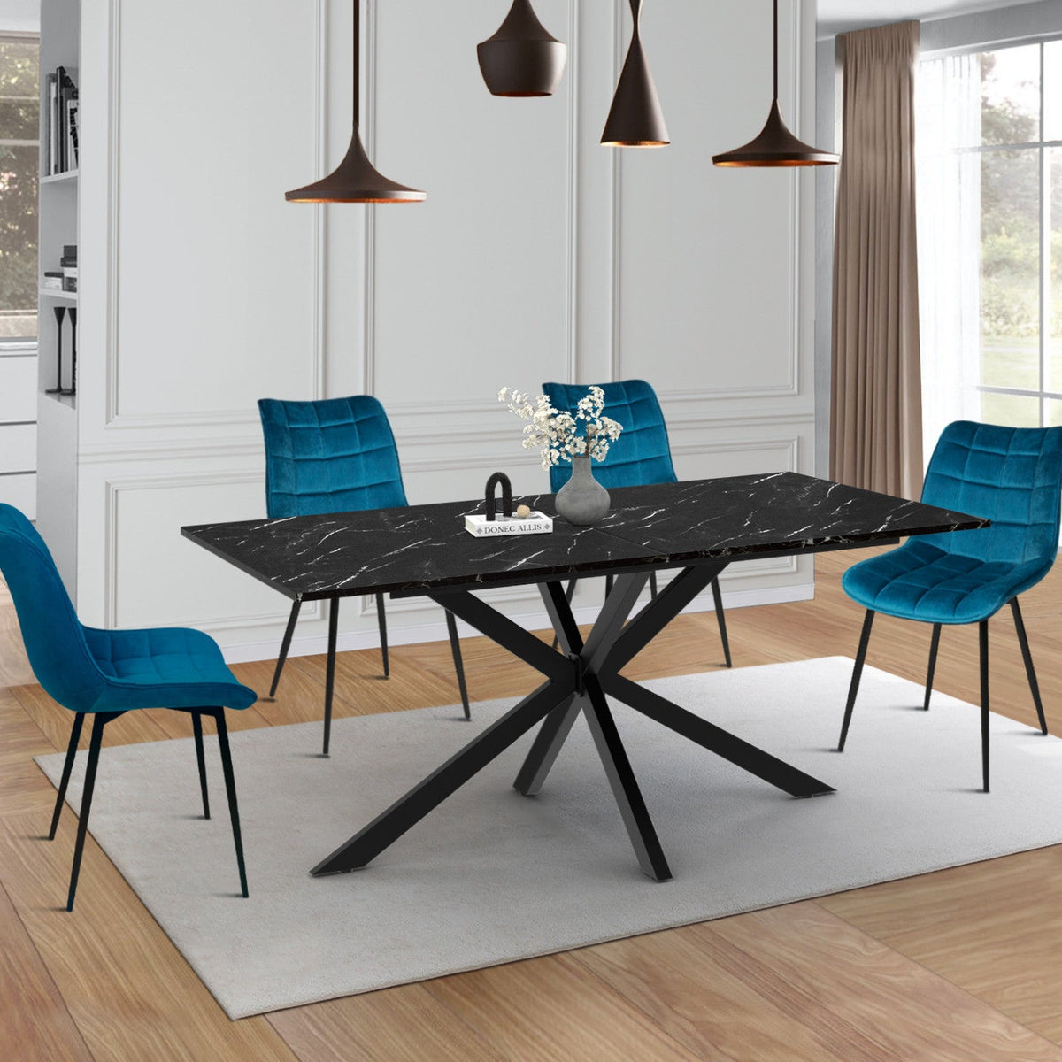 Table à manger rectangulaire ALIX 8 personnes, pied araignée noir et plateau effet marbre noir ALASKA 160 cm