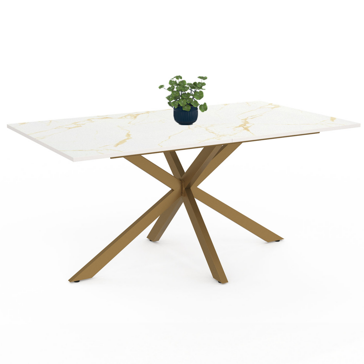 Table à manger rectangulaire ALIX 8 personnes, pied araignée laiton et plateau effet marbre doré ALASKA 160 cm