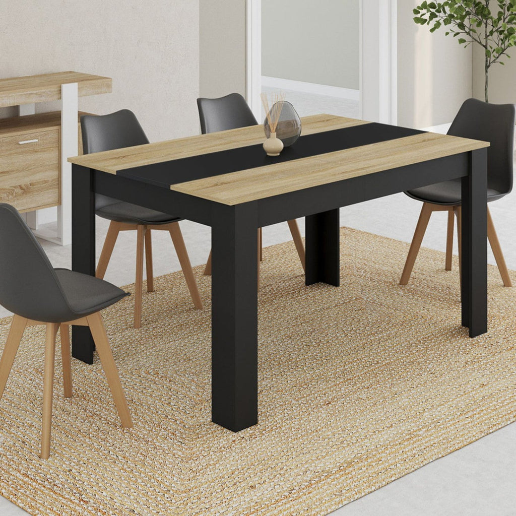 Table à manger rectangulaire GEORGIA pour 6 personnes, noire et imitation hêtre, 140 x 80 cm