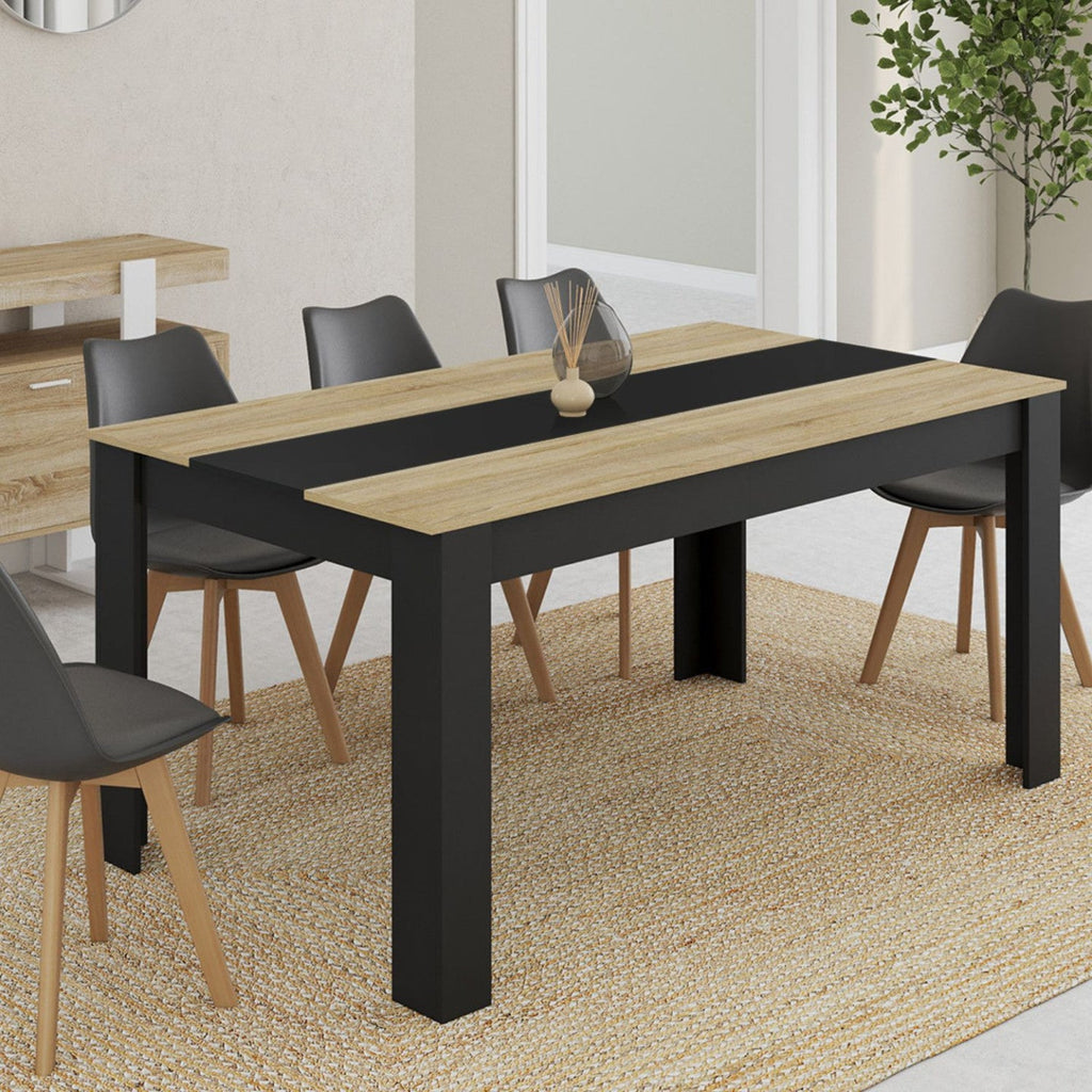 Table à manger rectangulaire GEORGIA 8 personnes, noire et imitation hêtre, 160 x 80 cm