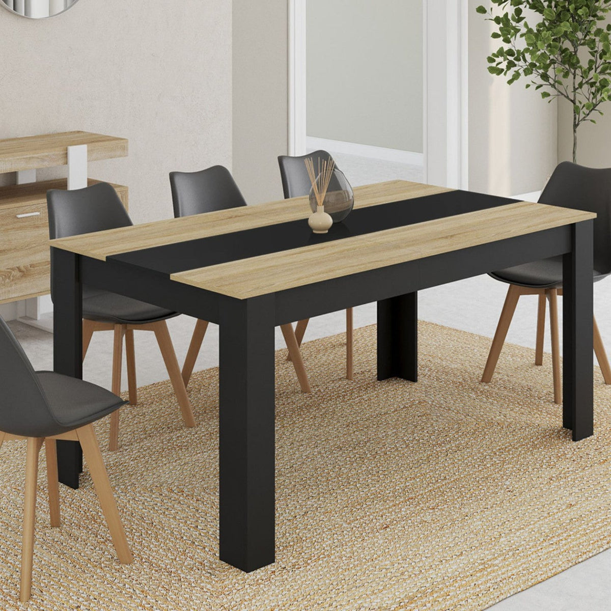 Table à manger rectangulaire GEORGIA 8 personnes, noire et imitation hêtre, 160 x 80 cm
