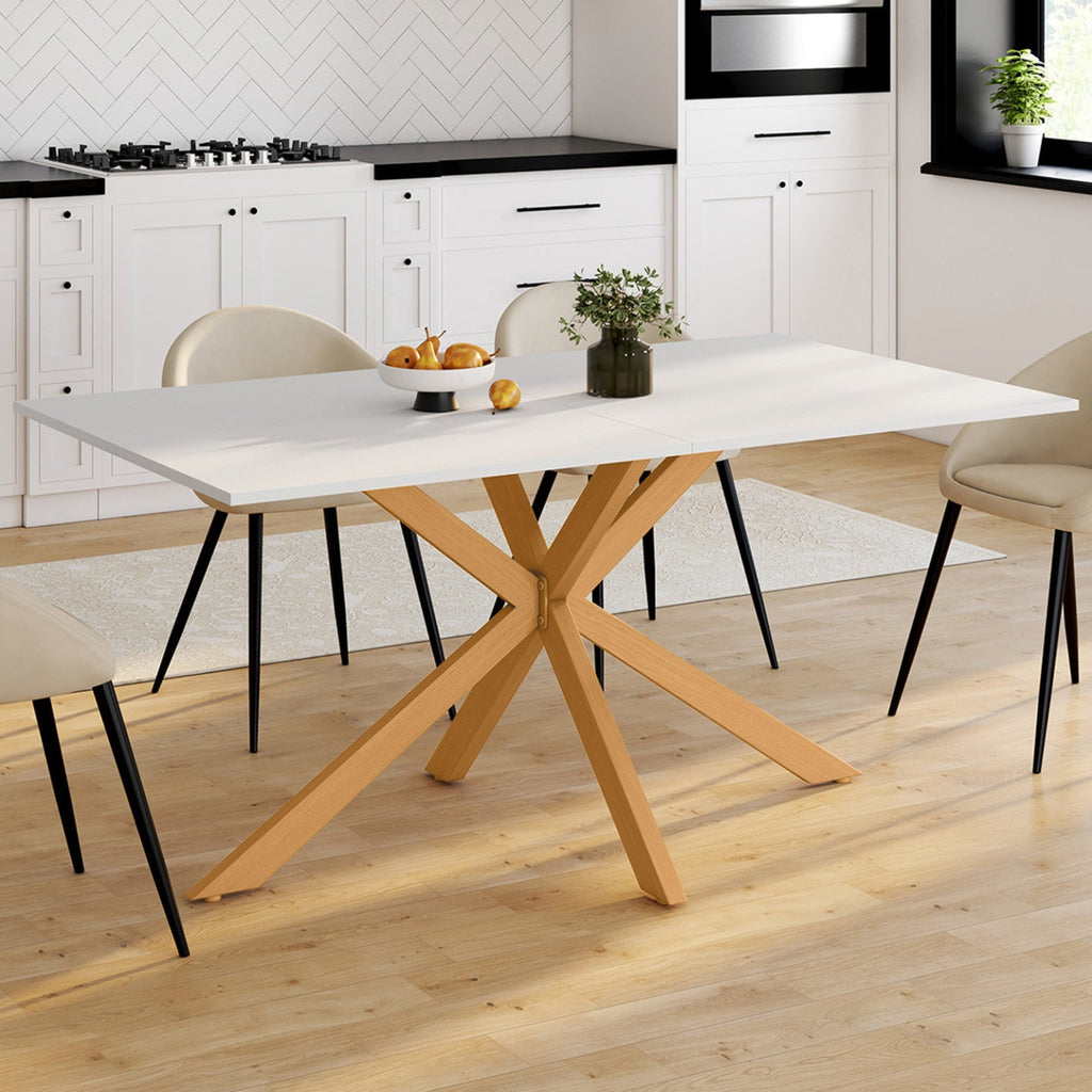 Table à manger rectangulaire ALIX 8 personnes pied araignée en bois et plateau blanc GISELE 160 cm