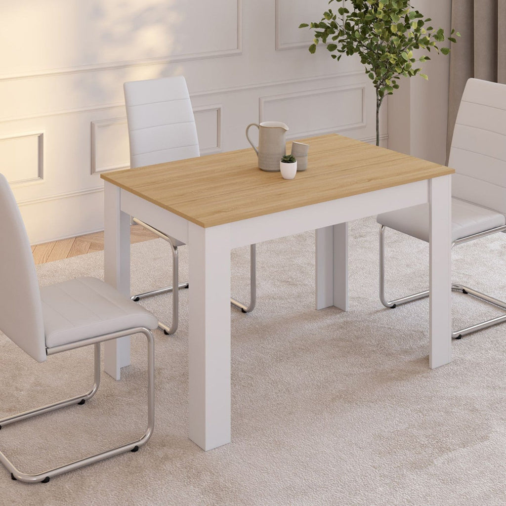 Table à manger rectangulaire 4 personnes ROZY, blanc, plateau aspect hêtre, 110 cm