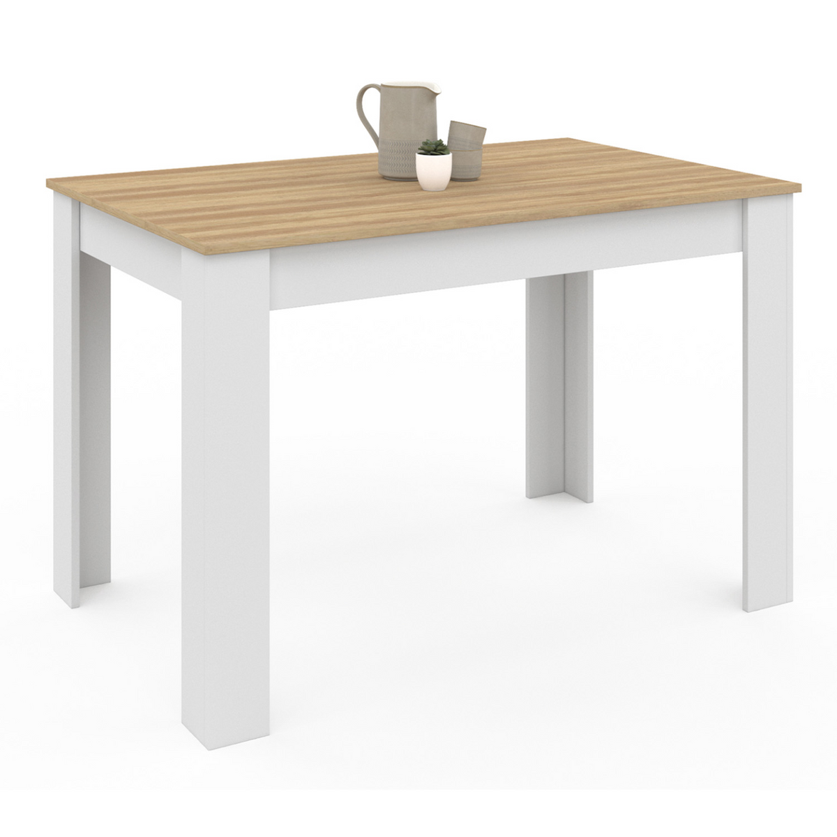 Table à manger rectangulaire 4 personnes ROZY, blanc, plateau aspect hêtre, 110 cm