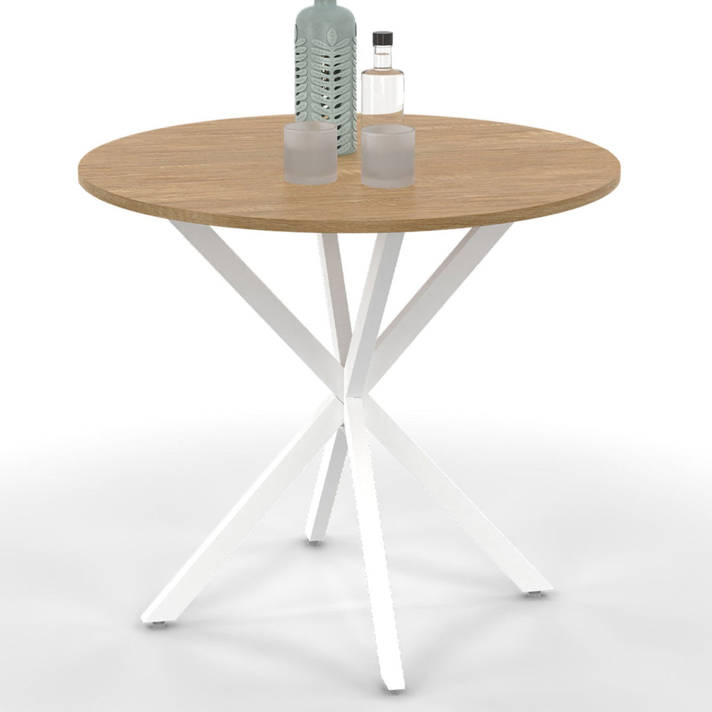 Table à manger ronde ALIX 4 personnes pied araignée bois et blanc 80 cm