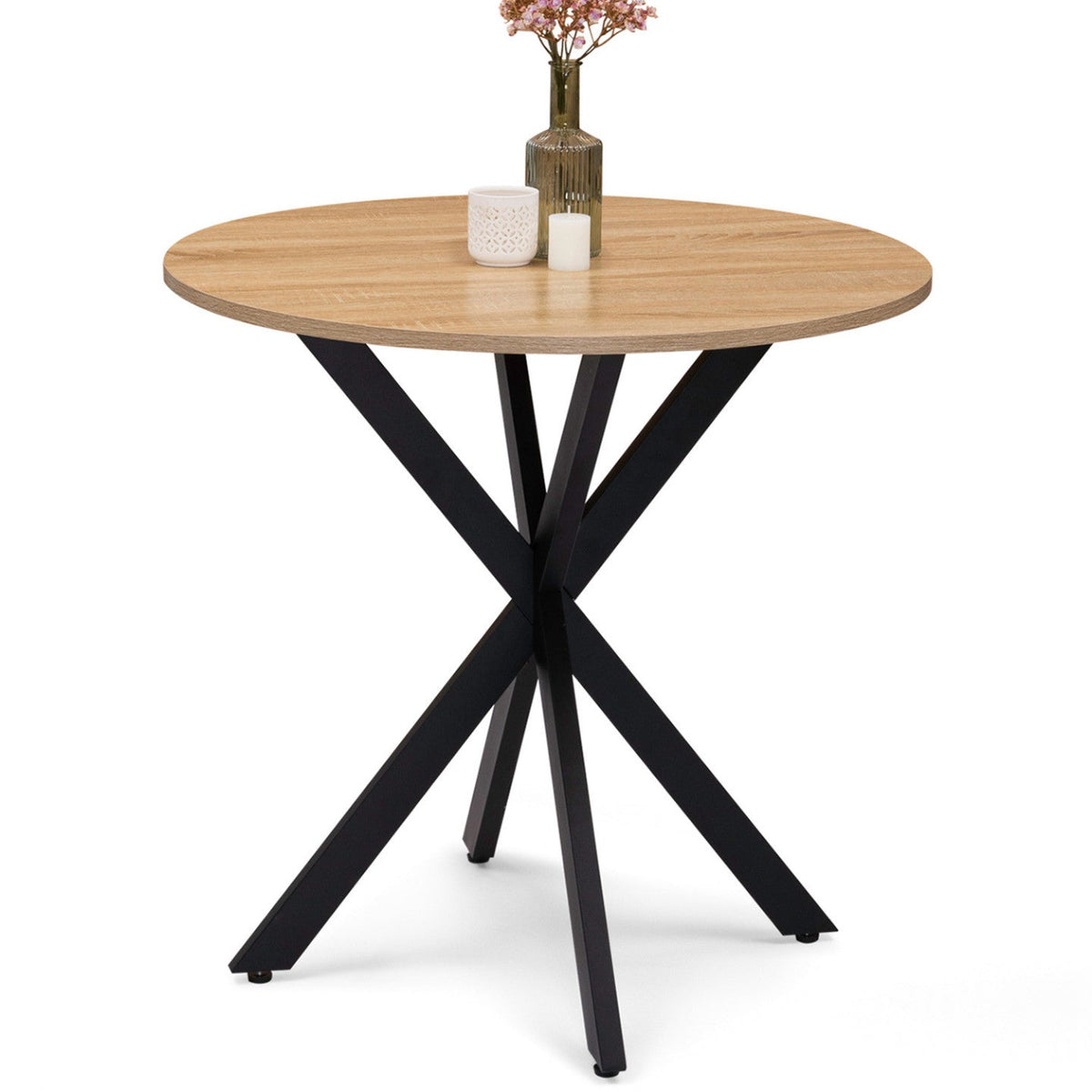 Table à manger ronde ALIX 4 personnes pied araignée bois et noir 80 cm