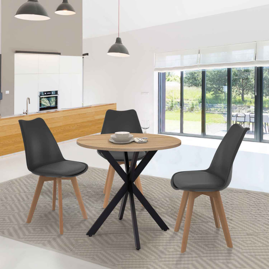 Table à manger ronde ALIX 4 personnes pied araignée bois et noir 80 cm