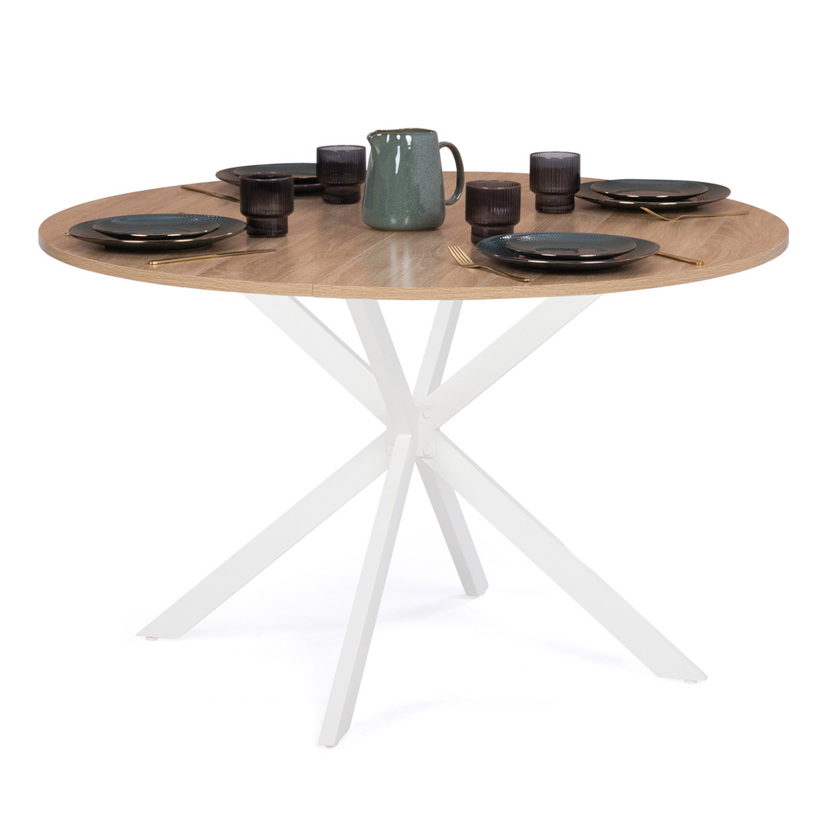 Table de salle à manger ronde ALIX 6 personnes, pied araignée, bois et blanc, 110 cm