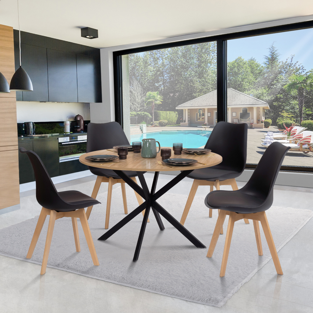 Table de salle à manger ronde ALIX 6 personnes pied araignée bois et noir 110 cm