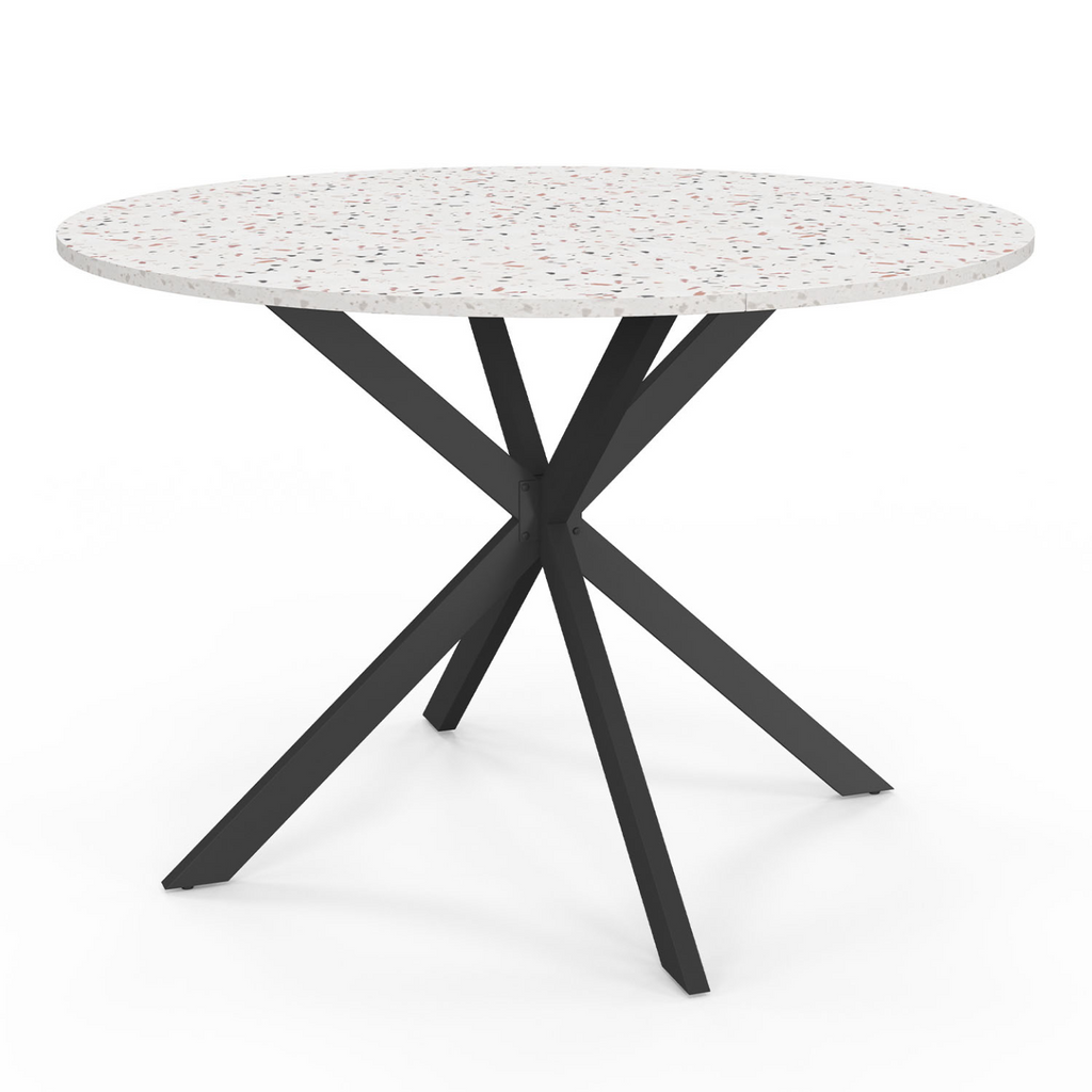 Table à manger ronde ALIX 6 personnes pied araignée noir plateau effet terrazzo SIMONE 110 cm