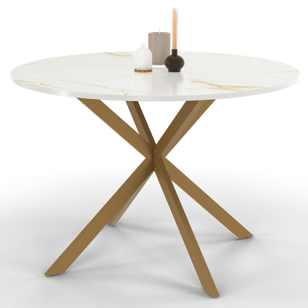 Table à manger ronde ALIX 6 personnes, piètement araignée en laiton et plateau effet marbre doré ALASKA 110 cm