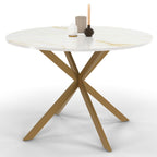 Table à manger ronde ALIX 6 personnes, piètement araignée en laiton et plateau effet marbre doré ALASKA 110 cm