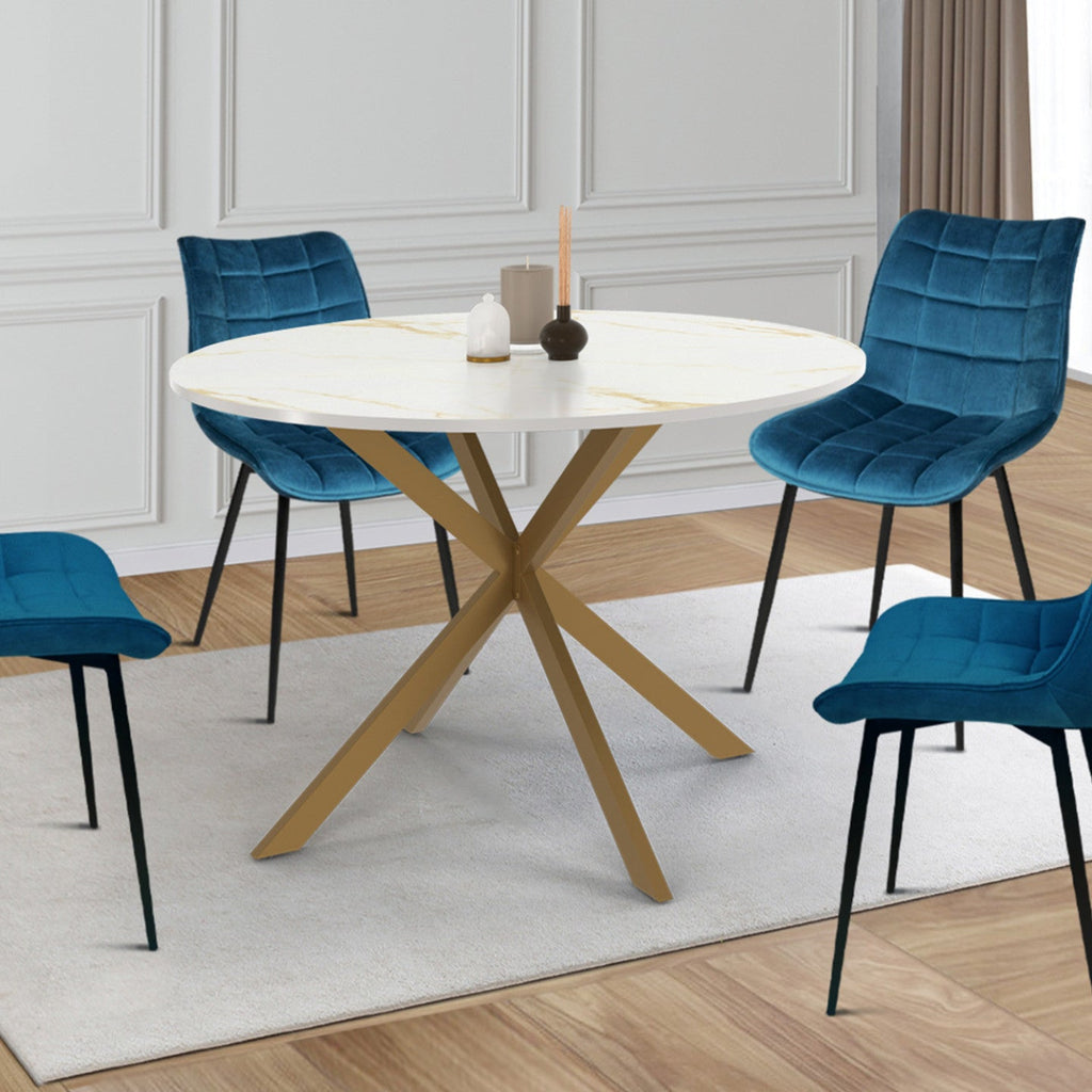 Table à manger ronde ALIX 6 personnes, piètement araignée en laiton et plateau effet marbre doré ALASKA 110 cm