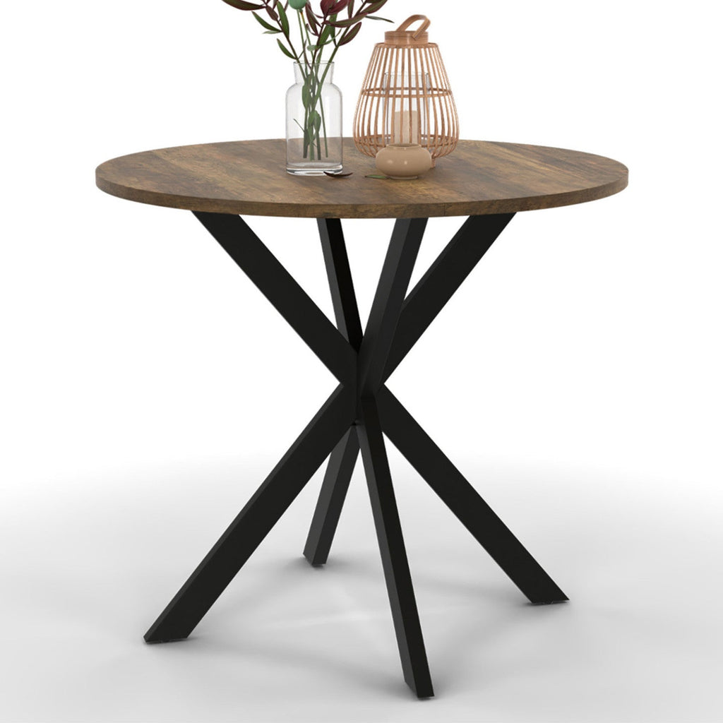 Table de salle à manger ronde ALIX 4 personnes, pied araignée noir et plateau bois foncé HAWKINS 80 cm