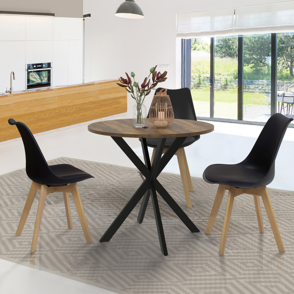 Table de salle à manger ronde ALIX 4 personnes, pied araignée noir et plateau bois foncé HAWKINS 80 cm
