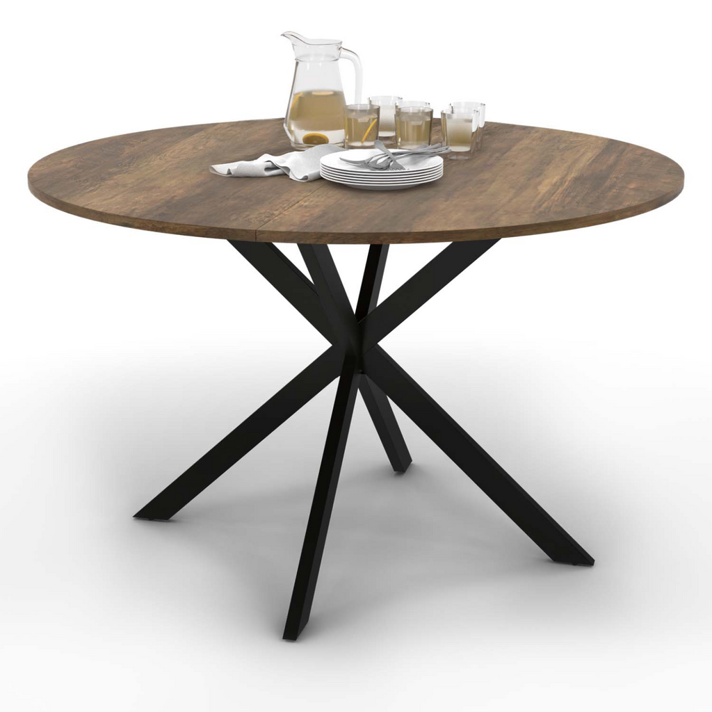Table à manger ronde ALIX 6 personnes pied araignée noir et plateau bois foncé HAWKINS 110 cm