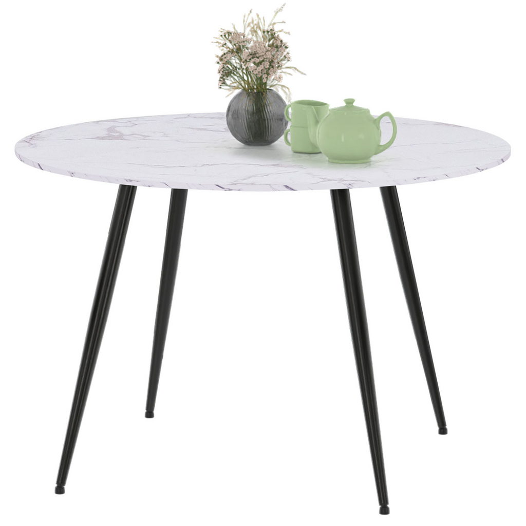 Table de salle à manger ronde AMELIA 4 personnes, effet marbre blanc ALASKA, pieds en métal noir, 110 cm