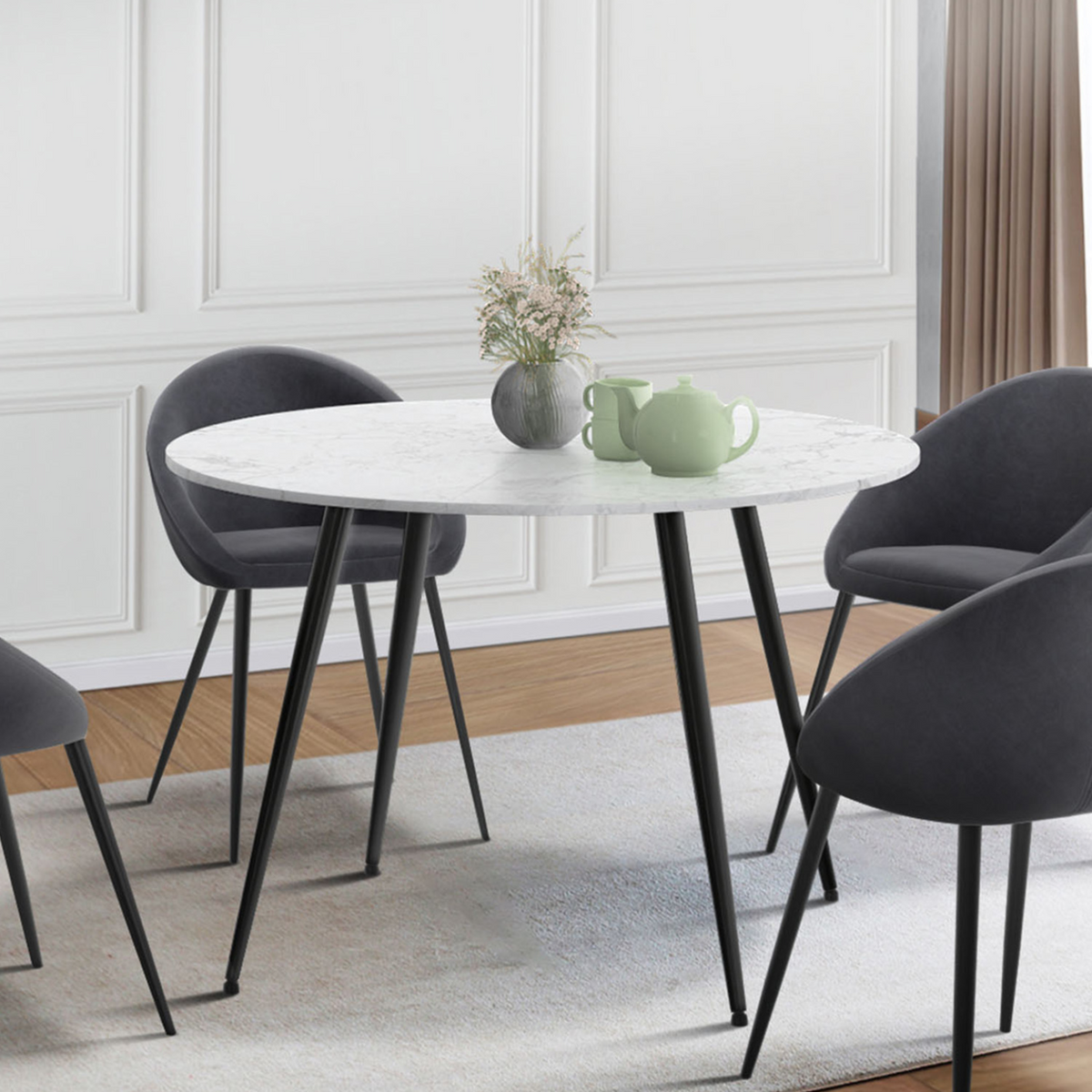 Table de salle à manger ronde AMELIA 4 personnes, effet marbre blanc ALASKA, pieds en métal noir, 110 cm