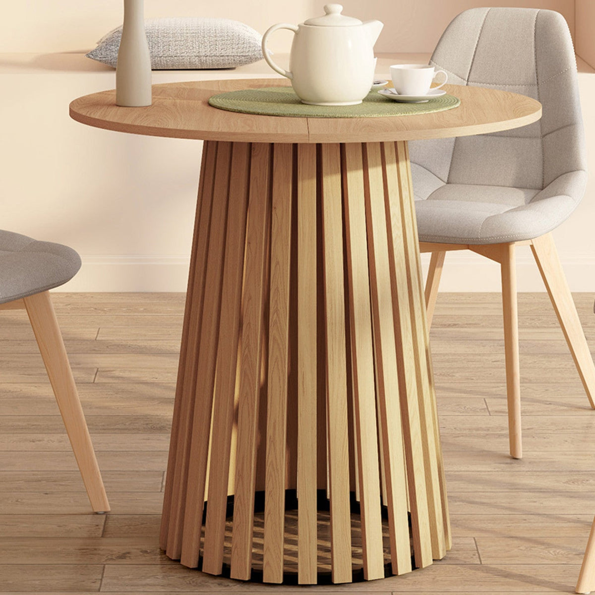 Table à manger ronde CARMEN 4 personnes, pied en lattes de bois et plateau en bois, 80 cm