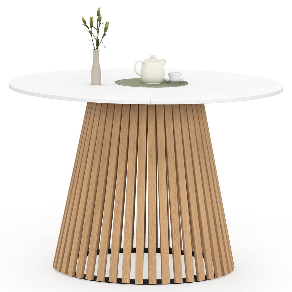 Table à manger ronde CARMEN pour 6 personnes avec pied en lattes de bois et plateau en bois blanc, 110 cm