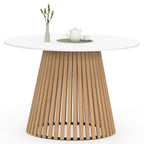 Table à manger ronde CARMEN pour 6 personnes avec pied en lattes de bois et plateau en bois blanc, 110 cm