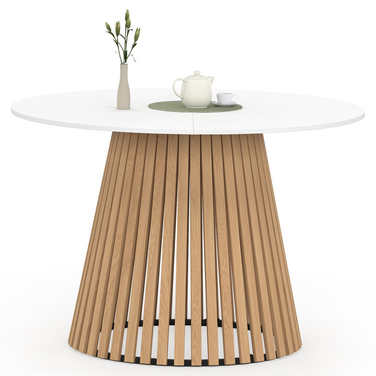 Table à manger ronde CARMEN pour 6 personnes avec pied en lattes de bois et plateau en bois blanc, 110 cm