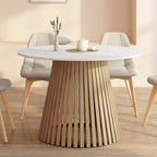 Table à manger ronde CARMEN pour 6 personnes avec pied en lattes de bois et plateau en bois blanc, 110 cm