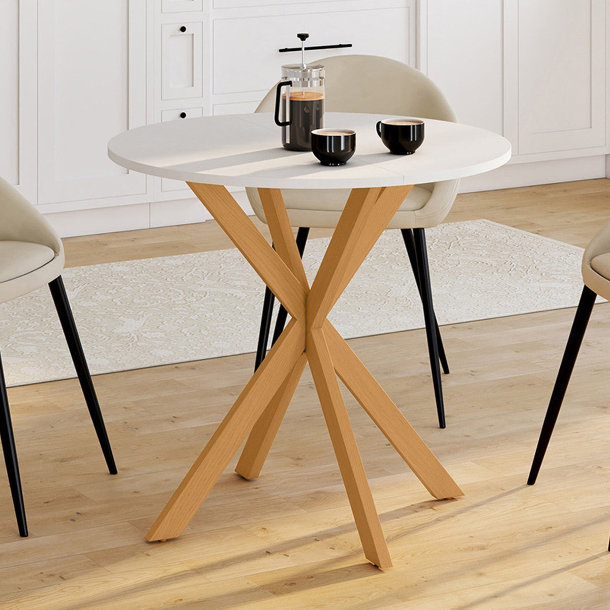 Table à manger ronde ALIX 4 personnes pied araignée bois et plateau blanc GISELE 80 cm