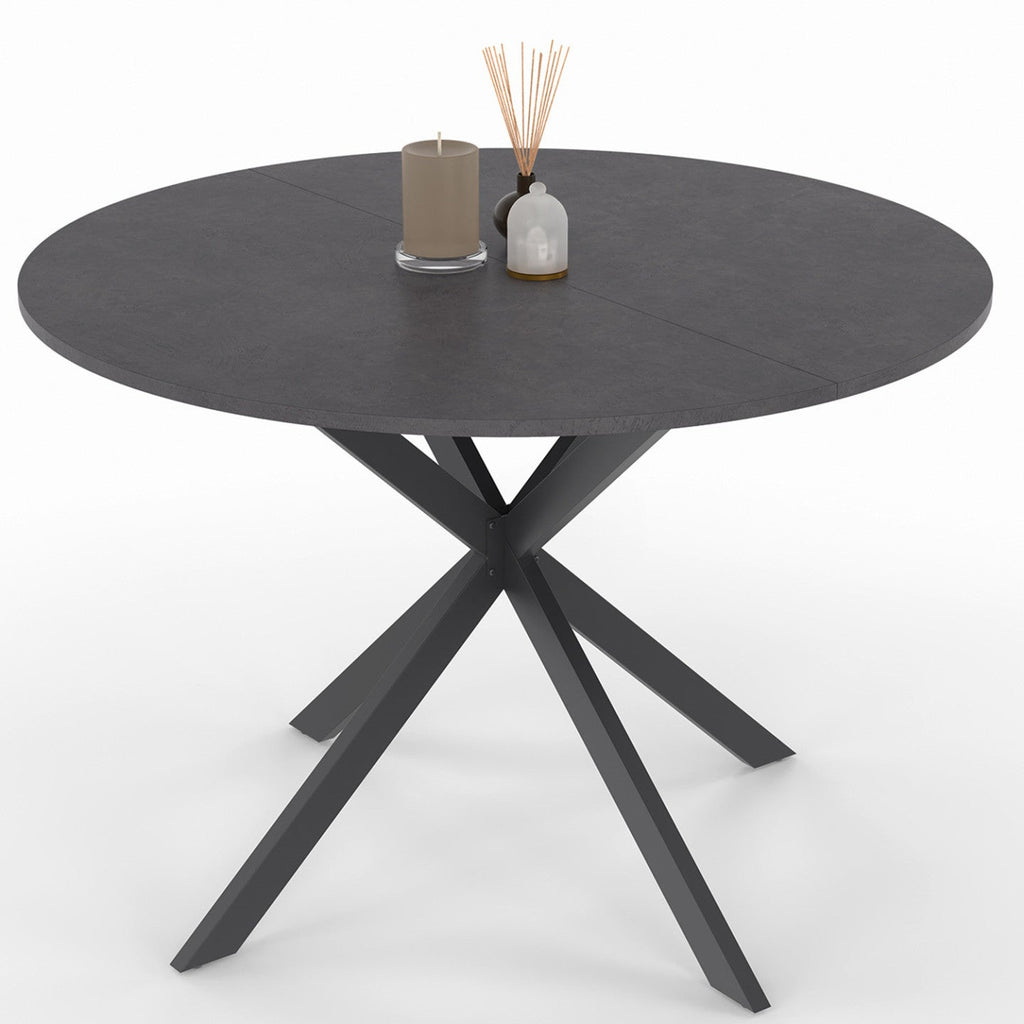 Table à manger ronde JASPE 6 personnes, plateau effet béton, pied araignée gris anthracite, 110 cm