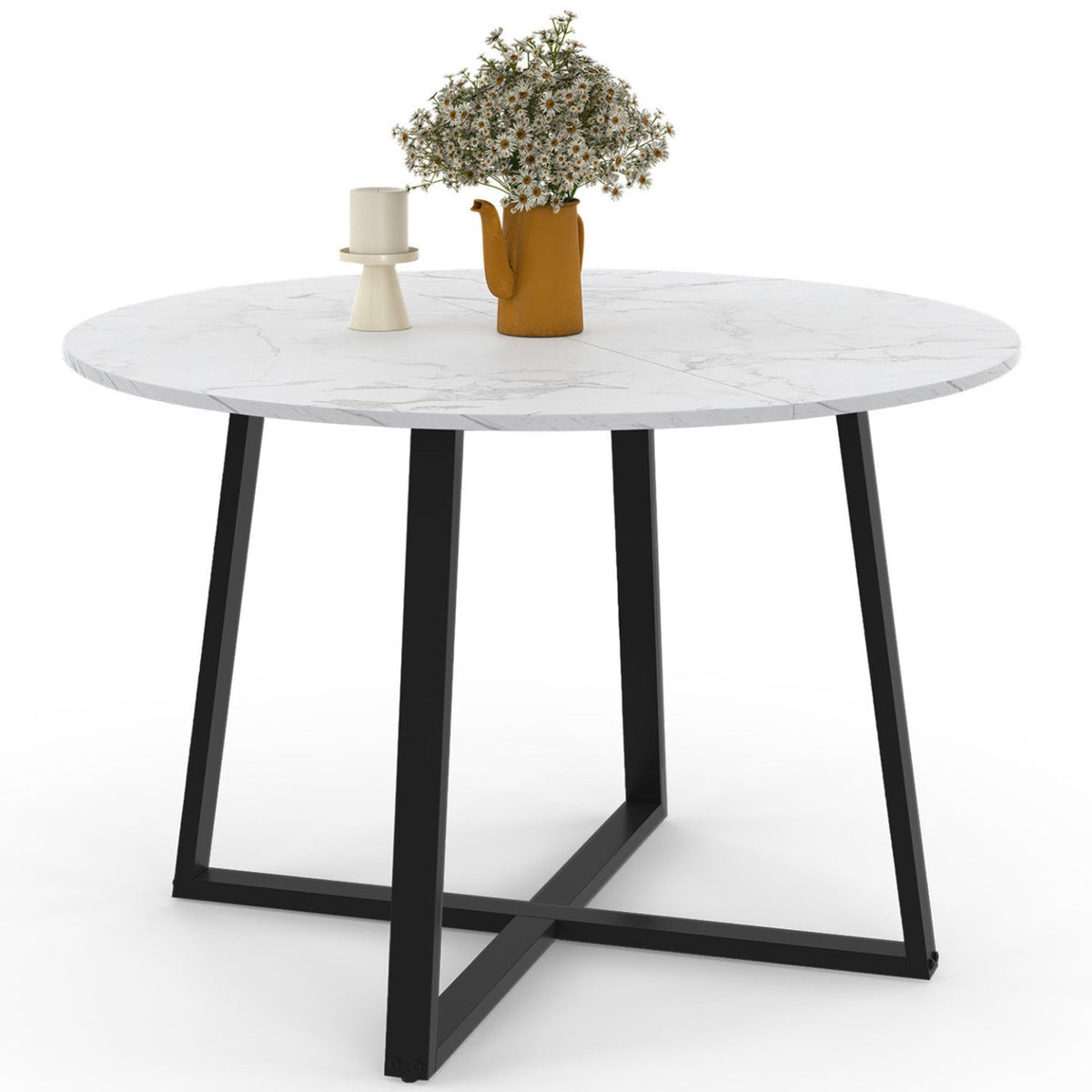 Table à manger fixe ronde SELMA 4-6 personnes, plateau effet marbre blanc ALASKA et noir 110 cm