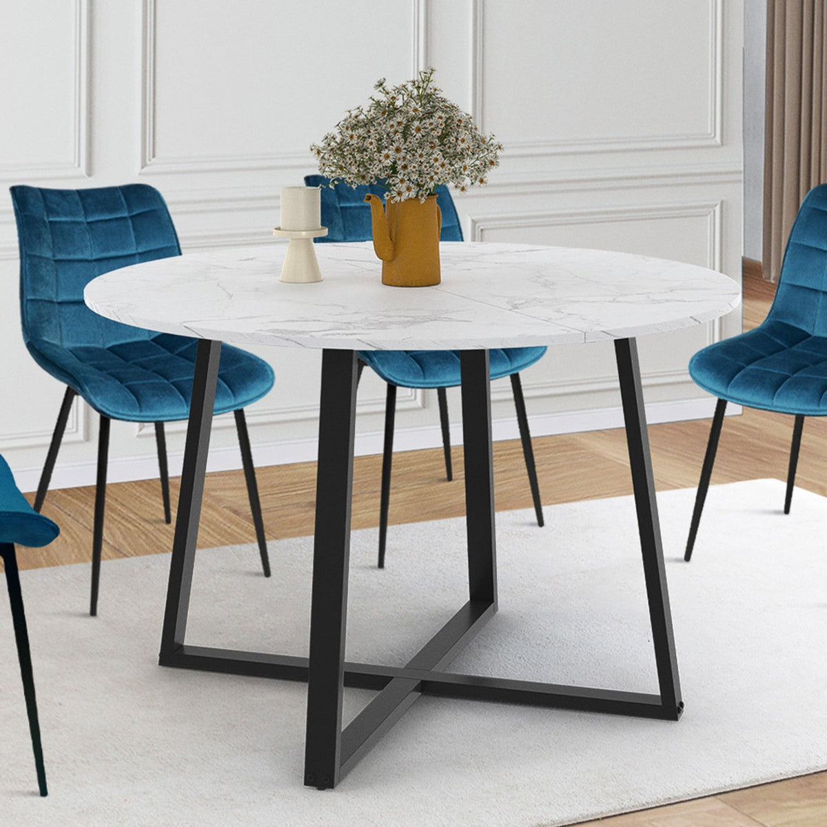 Table à manger fixe ronde SELMA 4-6 personnes, plateau effet marbre blanc ALASKA et noir 110 cm