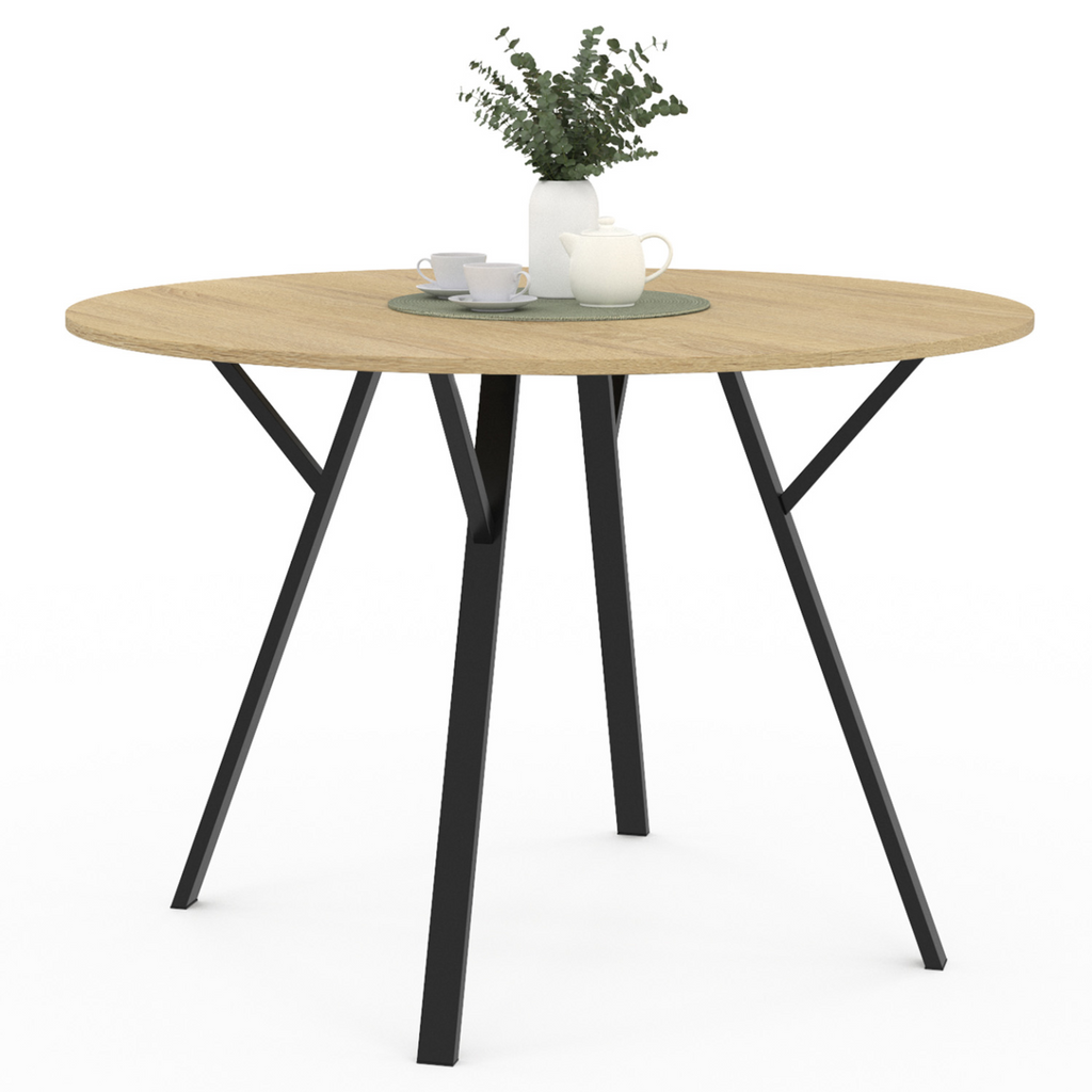 Table à manger fixe ronde YSEULT 4-6 personnes en bois et métal noir design industriel 110 cm
